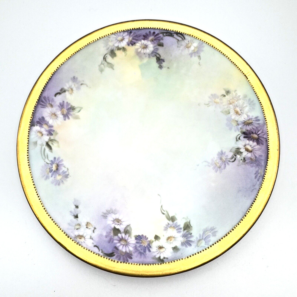 PL Limoges France Hand Painted Floral Gilt Plate Artist Signed Daisies 6.5"